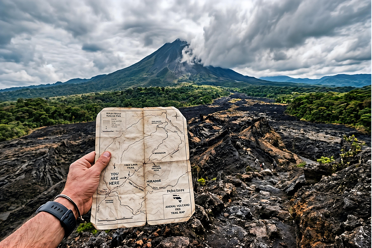 POV of a traveler overlooking the Arenal Volcano and lava fields.