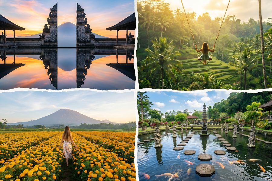 Collage of Bali Instagram spots including the Gates of Heaven at Lempuyang, a jungle swing, and Tirta Gangga water palace.