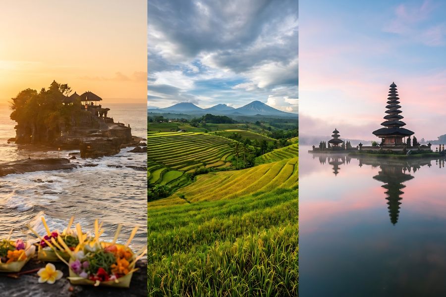Triptych travel photograph showing Tanah Lot sea temple at golden sunset, the sweeping UNESCO Jatiluwih rice terraces, and Pura Ulun Danu Beratan temple reflected on a misty highland lake in Bali