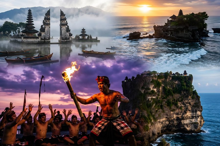 Cultural collage of Uluwatu Temple, a Kecak fire dancer, Tanah Lot sea temple, and the Ulun Danu Beratan lake temple in Bali.