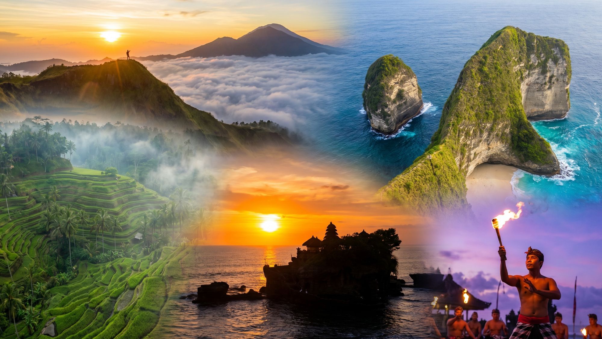 Emerald-green Tegalalang rice terraces glowing at golden hour in Ubud, Bali, with a jungle waterfall cascading into a clear turquoise pool in the foreground