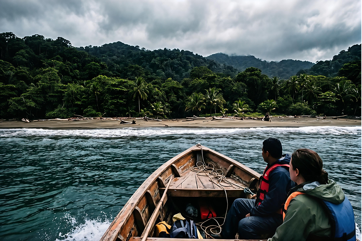 Remote boat arrival at Corcovado National Park beach.  Best things to do in Costa Rica