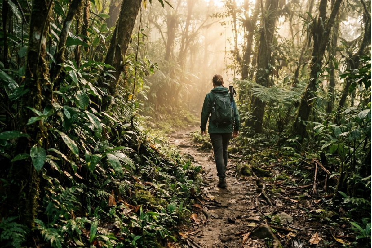 best things to do in Costa Rica, POV of a traveler walking a misty rainforest trail at dawn in Costa Rica.