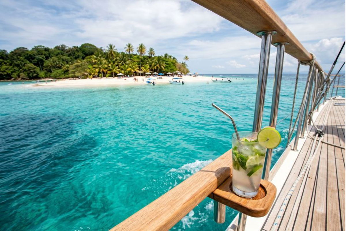 POV from a boat approaching the white sands of Isla Tortuga.