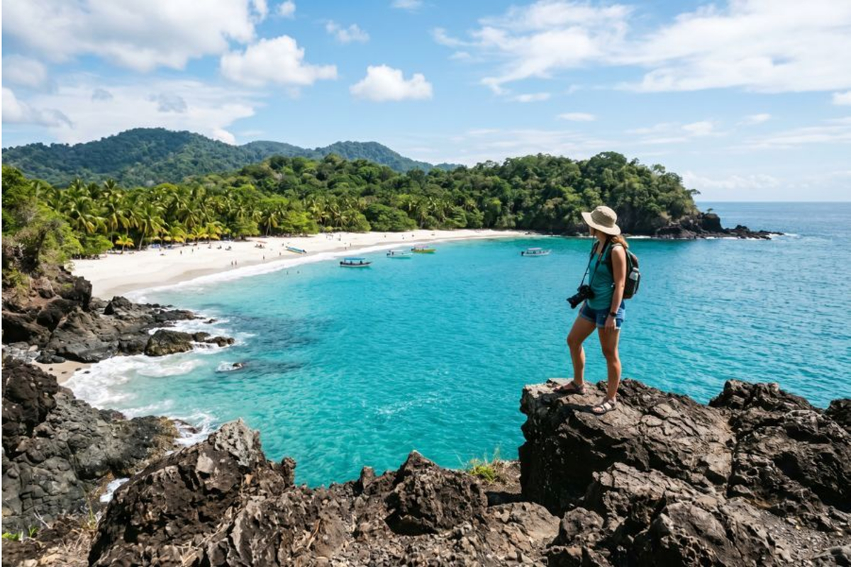 Traveler looking out over the turquoise Pacific coast.