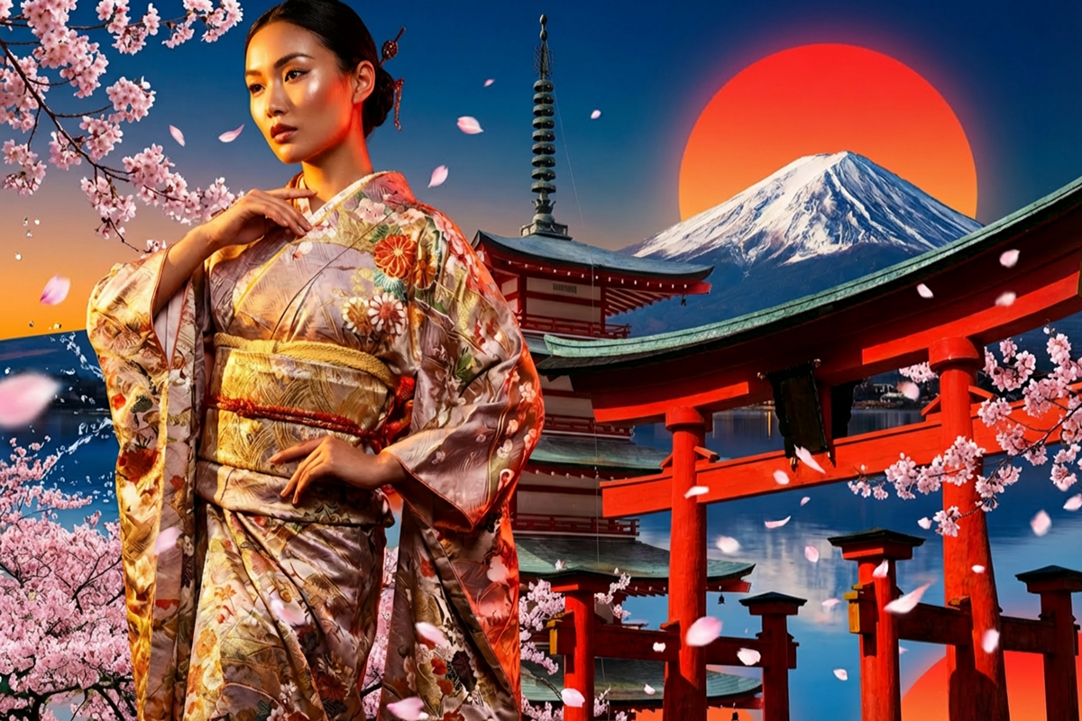 Photo‑realistic Japan collage featuring a woman in a traditional kimono surrounded by cherry blossoms, a red pagoda, a torii gate, Mount Fuji, and a glowing red rising sun, bright colors.