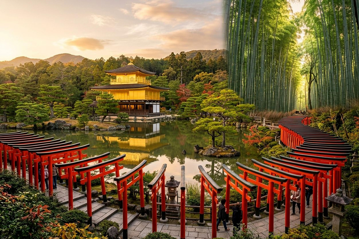 Photo‑realistic collage of Kyoto’s top landmarks featured on the full‑day bus tour, including the red torii tunnel of Fushimi Inari, the Golden Pavilion reflected in its pond, and the tall green Arashiyama Bamboo Grove, bright colors.