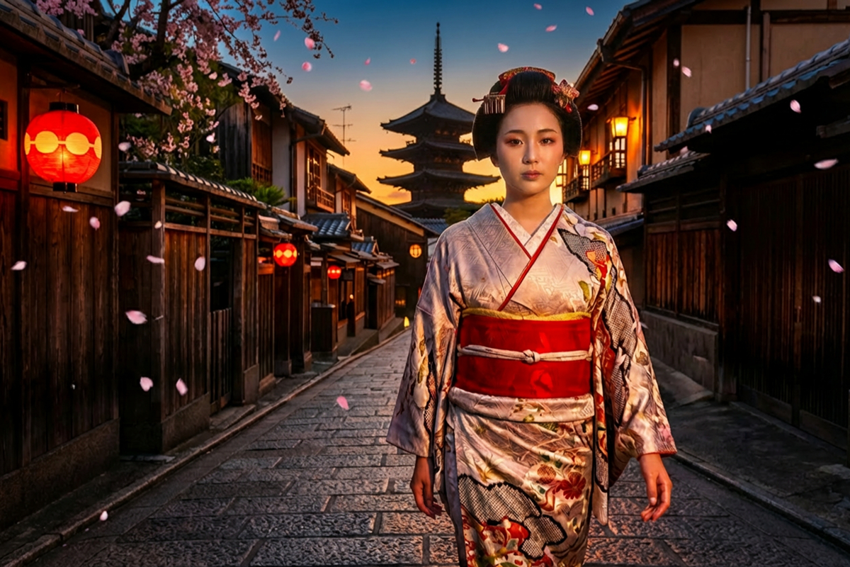 Photo‑realistic scene of Kyoto’s Gion district at golden hour with a woman in a traditional kimono walking along a stone‑paved alley lined with wooden machiya houses, soft lantern light, cherry blossoms, and the silhouette of Yasaka Pagoda, no crowds.