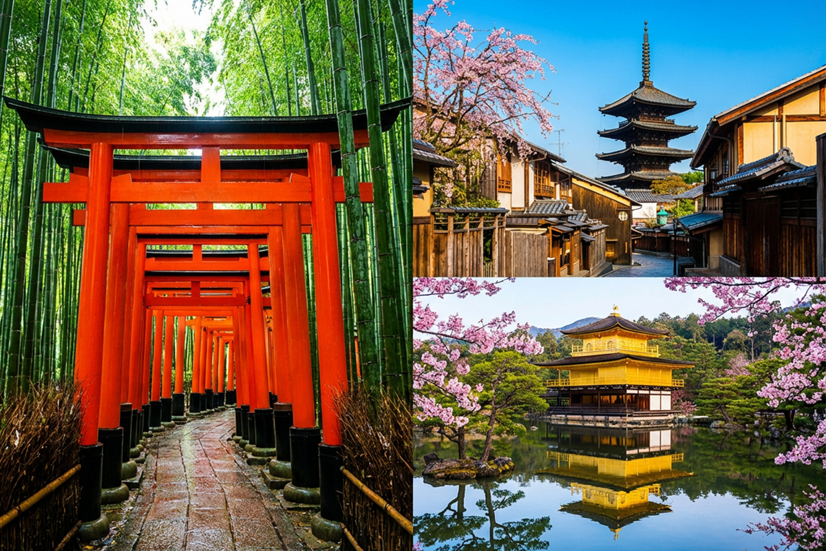 Photo‑realistic Kyoto landscape featuring Fushimi Inari red torii gates, Kinkaku‑ji Golden Pavilion, Yasaka Pagoda, and Arashiyama bamboo grove under bright clear skies, no people.