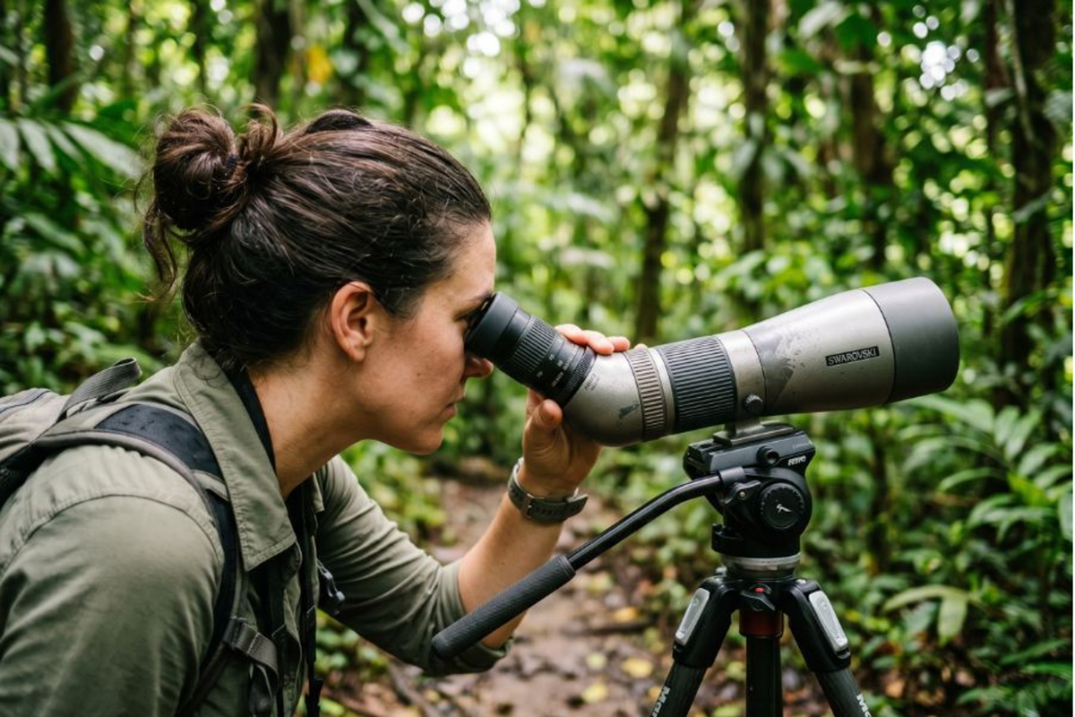 Traveler using a guide's scope to find sloths in Manuel Antonio.
