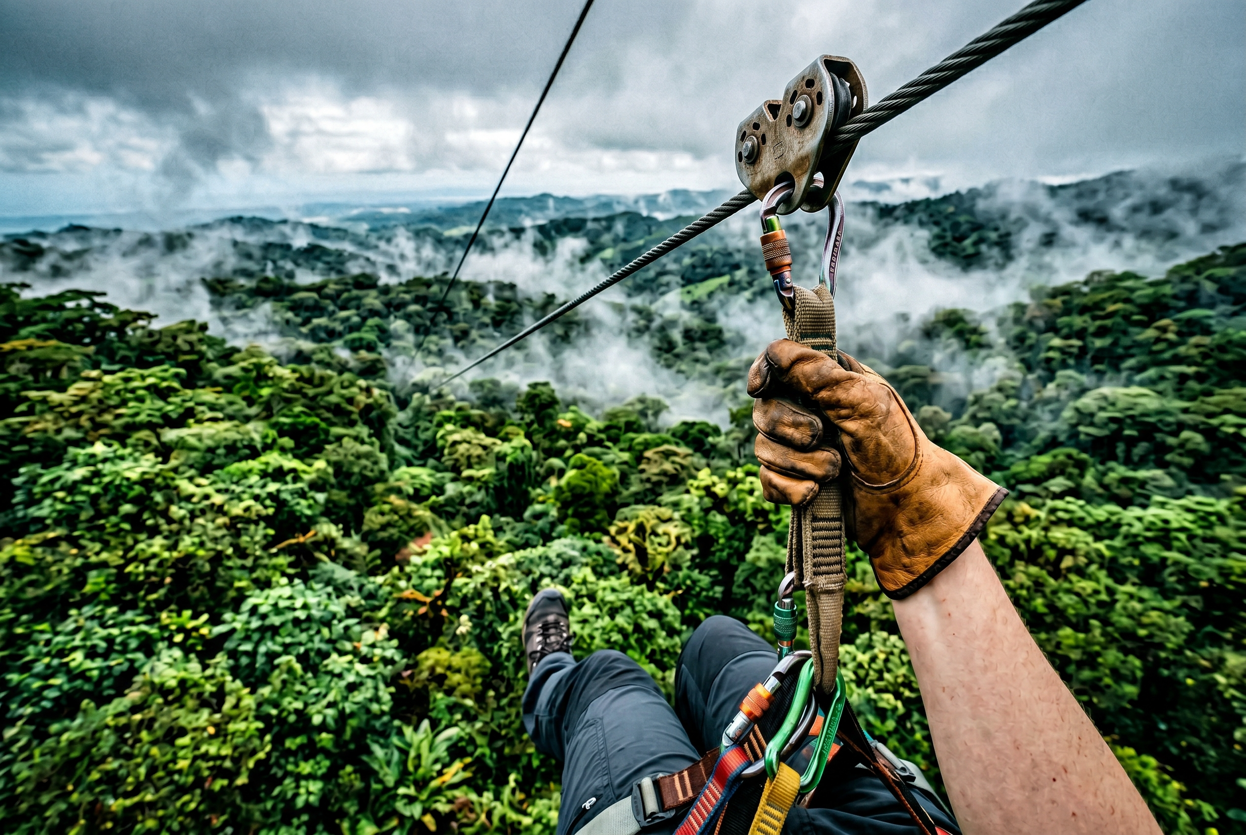 Traveler POV hanging mid-air on a zipline, looking out over the Monteverde cloud forest.