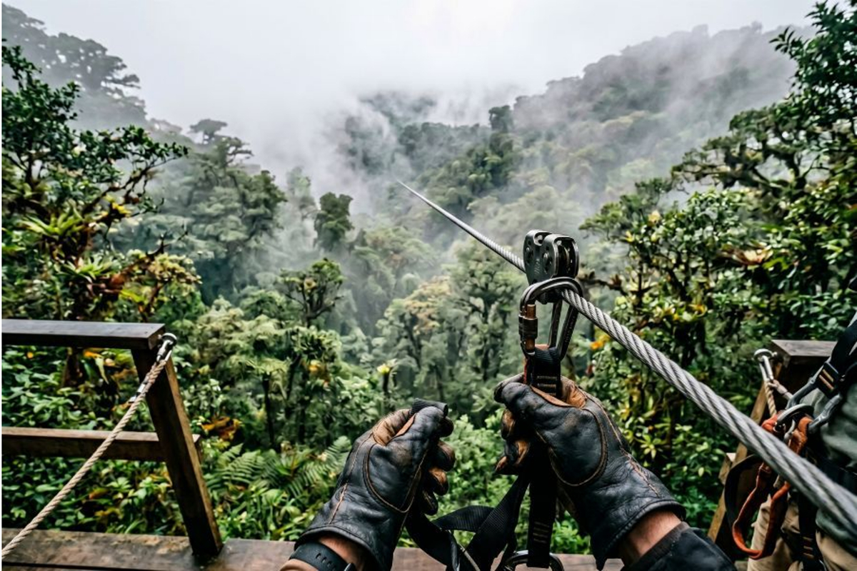 First-person view from a zipline high above the Monteverde mist.