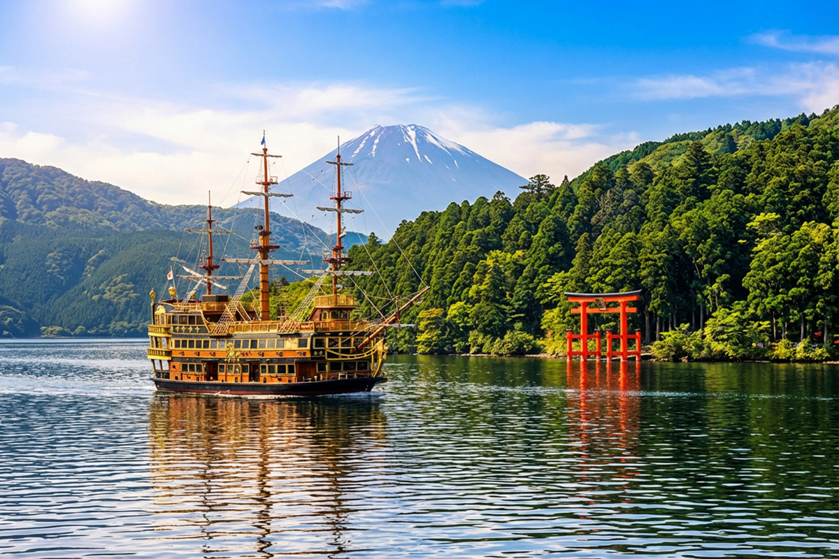 Sightseeing boat on Lake Ashi passing the red Hakone Shrine torii gate with Mt. Fuji in the background on a bright sunny day.