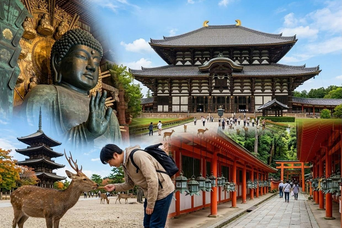 Photo‑realistic Nara collage featuring Todaiji Temple, the bronze Great Buddha, Kasuga Taisha’s stone lantern paths, and Nara deer grazing in a mossy forest setting, bright colors