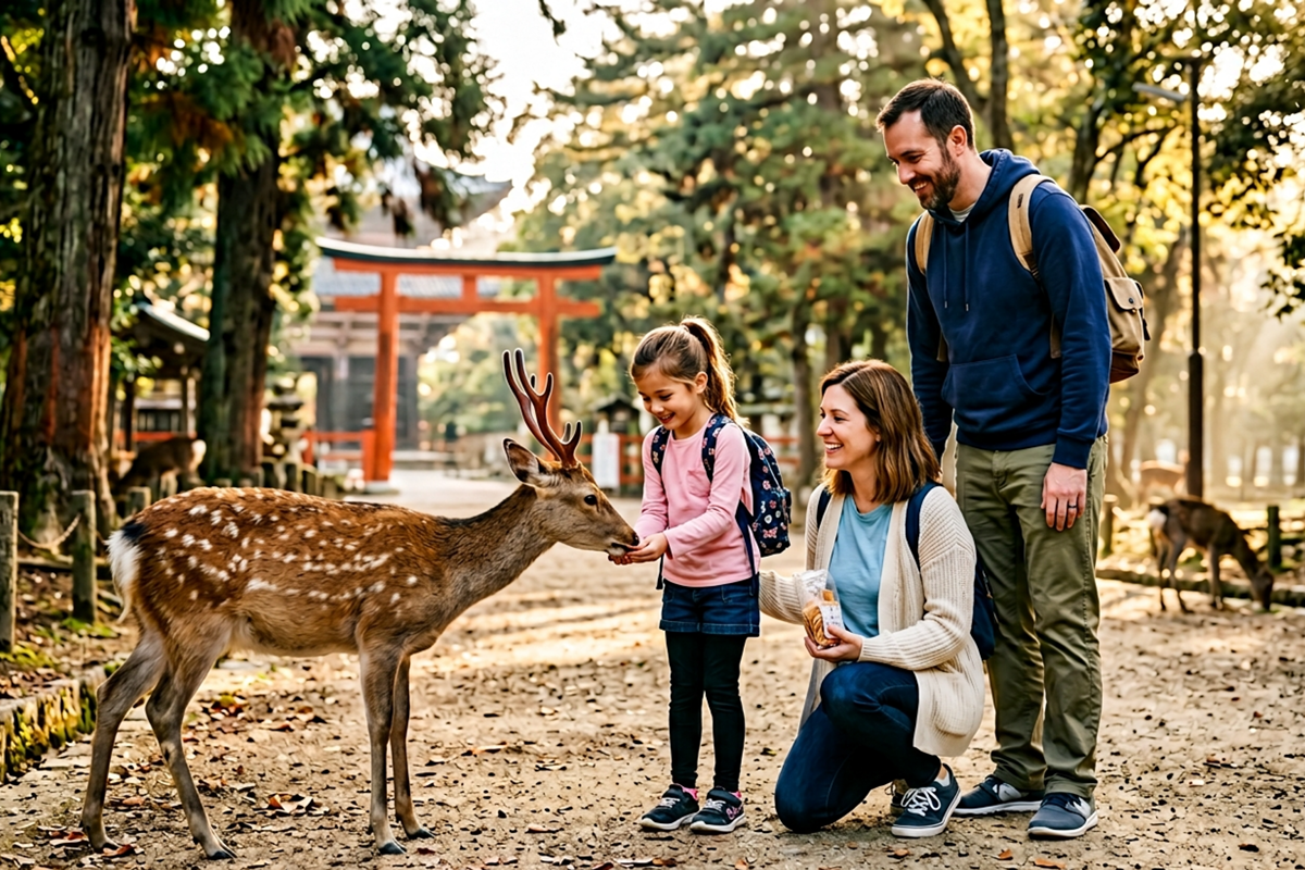 Photo‑realistic early‑morning Nara scene showing an American family in casual travel outfits feeding a Nara deer with shika‑senbei crackers, with soft sunrise light, moss‑covered stone lanterns, and subtle elements of Todaiji Temple and the Great Buddha in the background