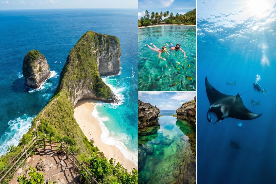 Collage of Nusa Penida highlights including Kelingking Beach T-Rex cliff, Angel's Billabong, and a manta ray swimming underwater.
