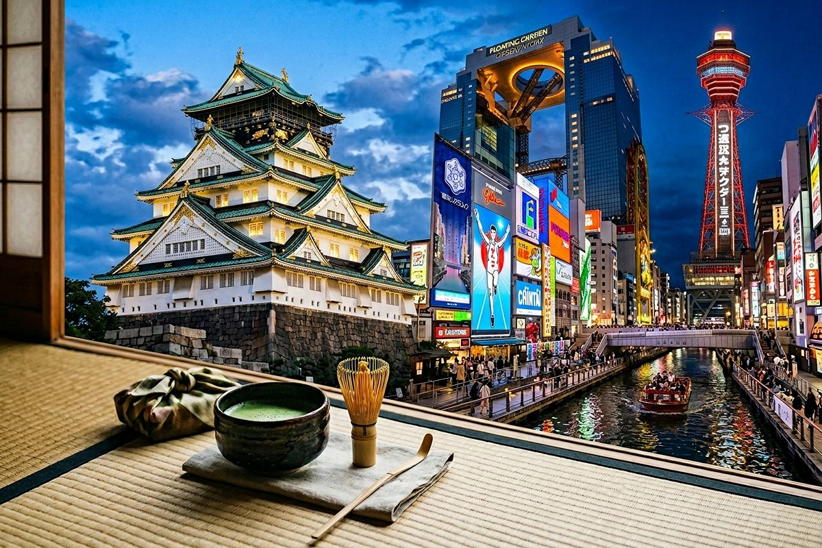 Photo‑realistic Osaka collage featuring Dotonbori’s neon canal, Osaka Castle, the Umeda Sky Building, Tsutenkaku Tower, and a traditional Japanese tea ceremony setup in the foreground, bright colors