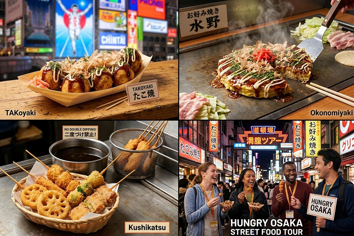 Photo‑realistic Osaka street‑food collage featuring takoyaki, okonomiyaki, kushikatsu skewers, and fresh seafood from Kuromon Market with subtle Dotonbori neon elements in the background, bright colors