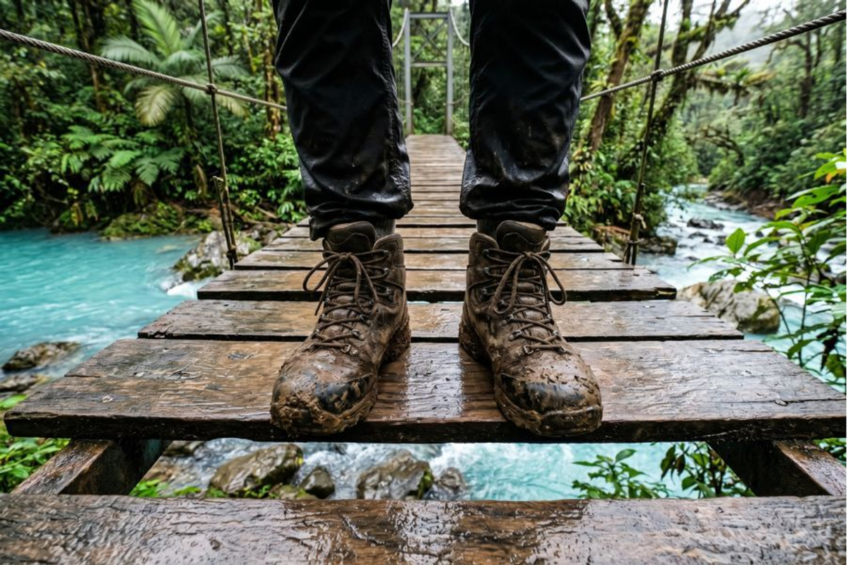 Muddy boots on a bridge over the bright blue Rio Celeste. Best things to do in Costa Rica.