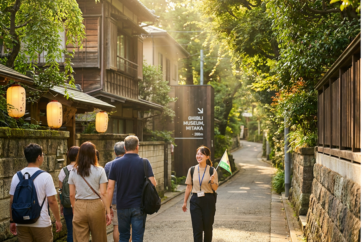 Bright, photo‑realistic scene of a Studio Ghibli–inspired walking tour in Tokyo, with a guide leading tourists through lush, colorful streets and traditional Japanese houses, evoking the magical atmosphere behind Ghibli films