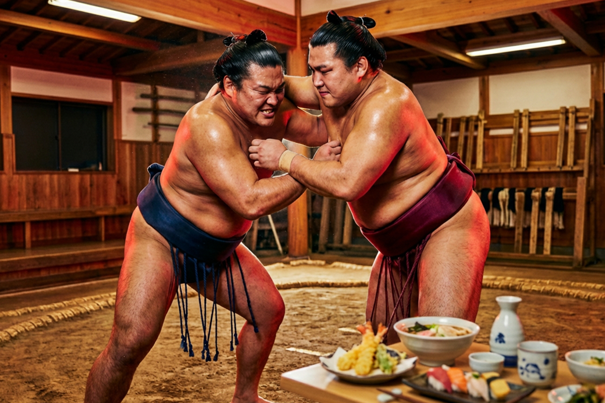 Close‑up, colorful photo‑realistic scene of two sumo wrestlers mid‑action inside a traditional Tokyo sumo stable, showing dynamic movement and cultural detail for a tourist experience.