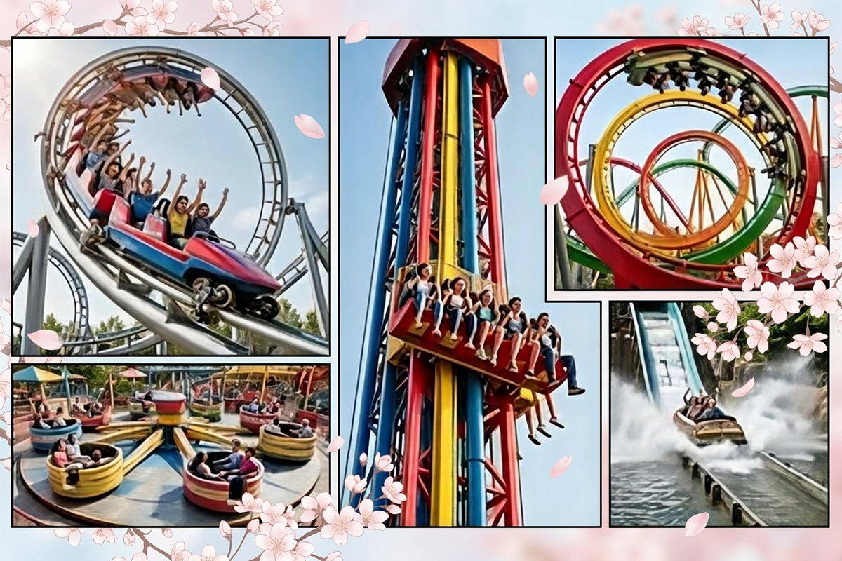 Collage of colorful thrill rides including looping rollercoasters, a drop tower, a spinning ride, and a log flume splashdown, with people enjoying the attractions in bright daylight, styled to evoke the excitement of visiting a major Osaka theme park without showing any logos or branded elements.
