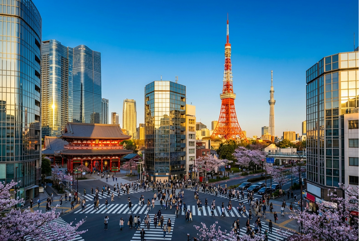 Photo‑realistic bright Tokyo scene featuring Tokyo Tower, Shibuya Crossing, Tokyo Skytree, and the Sensō‑ji temple gate under clear blue skies, no people.