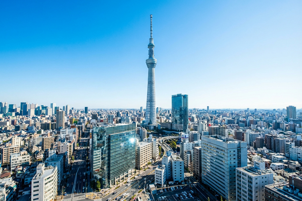Aerial daytime view of Tokyo Skytree towering above the Tokyo cityscape, captured from a helicopter‑style perspective.