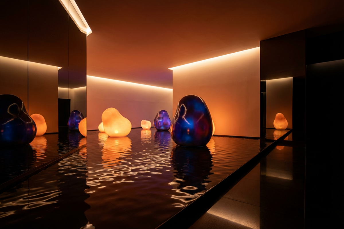 Immersive digital art installation at teamLab Planets TOKYO with glowing light orbs reflecting on water, showcasing Japan’s modern art experience.