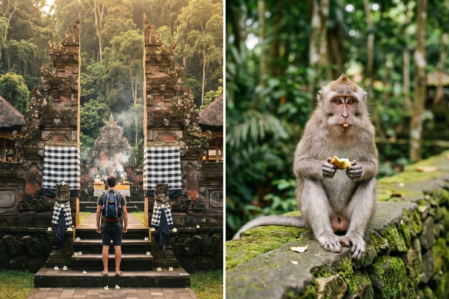 Split scene showing a traveller at an ornate Balinese temple gateway with incense smoke, and a curious macaque monkey in Ubud's Sacred Monkey Forest