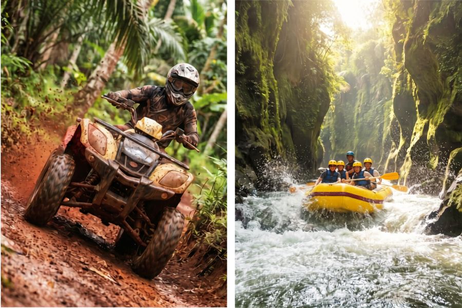 Action split-scene of a mud-splattered ATV quad bike racing through a jungle trail in Ubud and a yellow raft navigating white-water rapids on the Ayung River, Bali