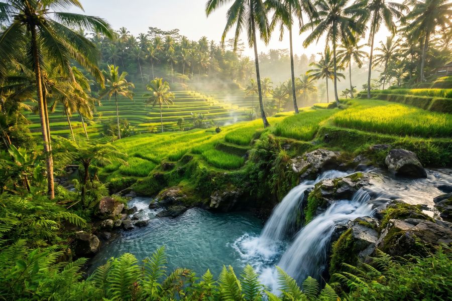 Emerald-green Tegalalang rice terraces glowing at golden hour in Ubud, Bali, with a jungle waterfall cascading into a clear turquoise pool in the foreground