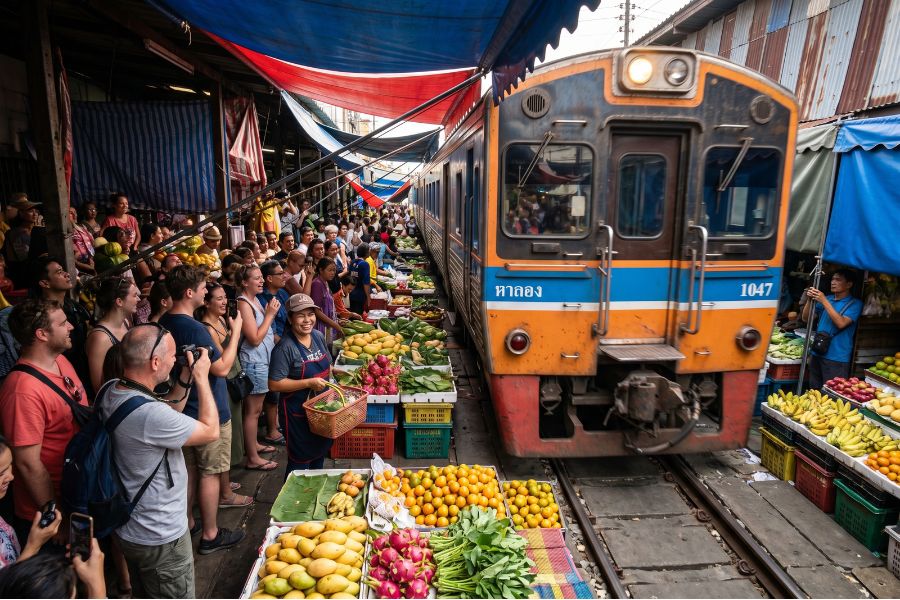 The Maeklong Railway Market, an essential stop among the top 15 best tours in Thailand.