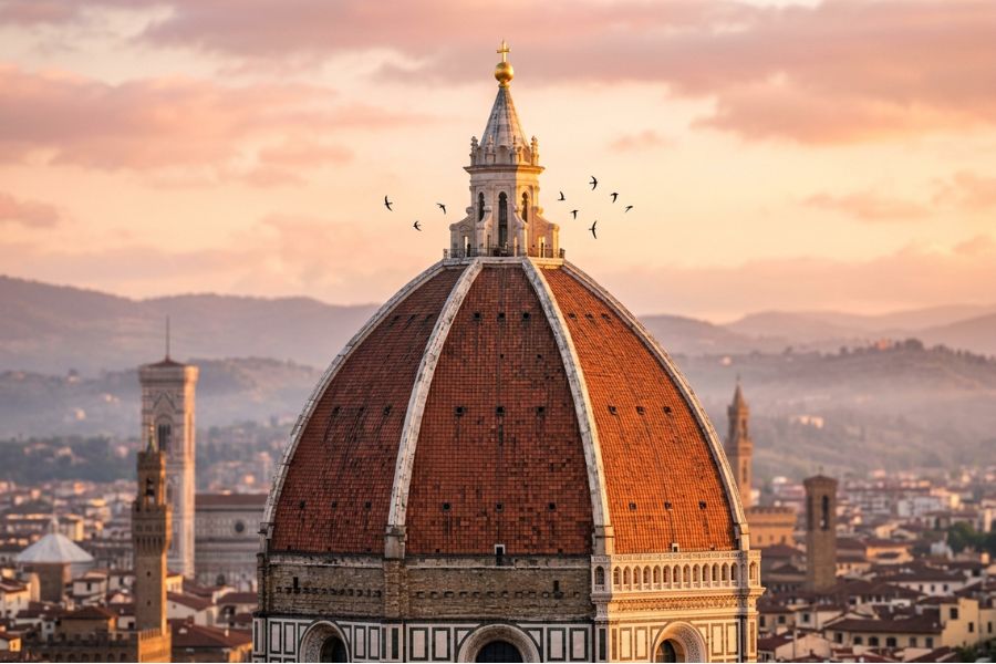 Telephoto high-quality image of Brunelleschi's Dome in Florence, highlighting the intricate red tiles and marble details at sunrise.