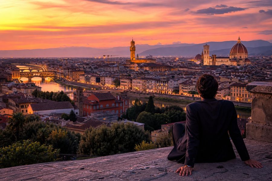 Cinematic photograph of the Florence skyline at sunset from Piazzale Michelangelo with a silhouetted traveler in the foreground.