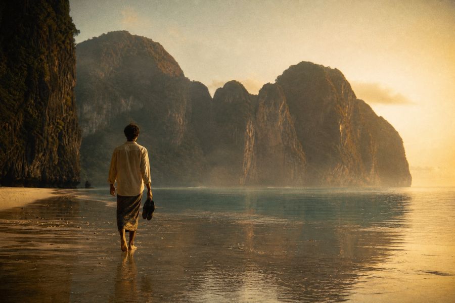 A lone traveller walks the white sand shoreline of Maya Bay, surrounded by towering limestone cliffs on Phi Phi Leh island, Thailand.