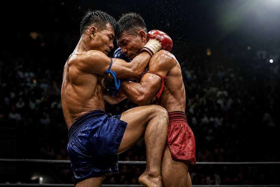 Two Muay Thai fighters in a high-tension clinch at Rajadamnern Stadium, Bangkok, Thailand.