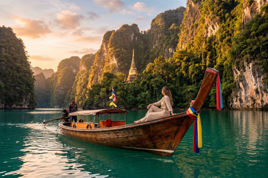A traveler looking out from a luxury boat at the limestone cliffs, illustrating one of the top 15 best tours in Thailand.