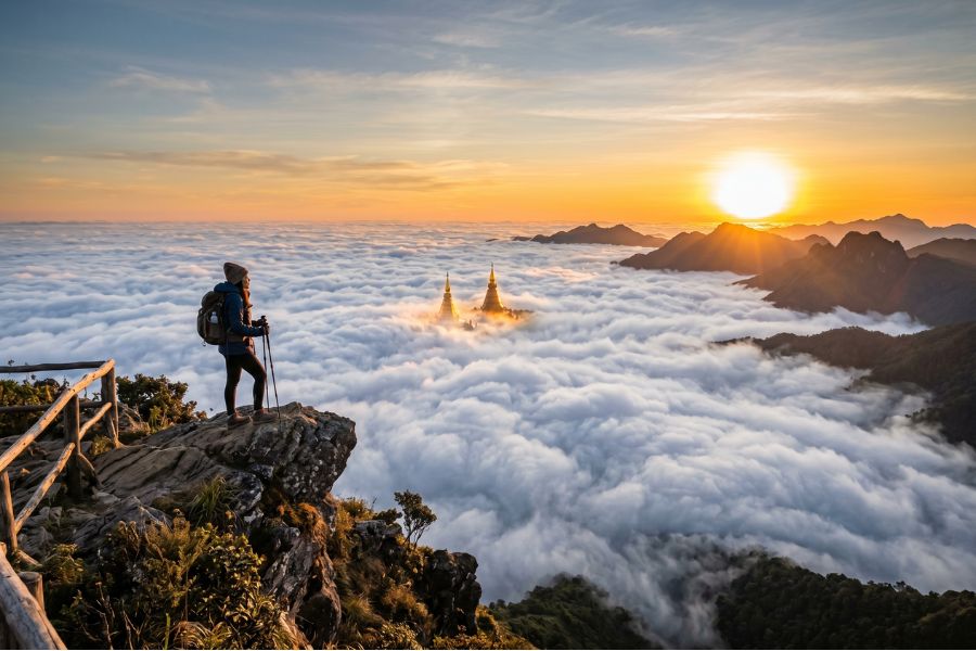 The Twin Pagodas in the mist, showing the variety of the top 15 best tours in Thailand.