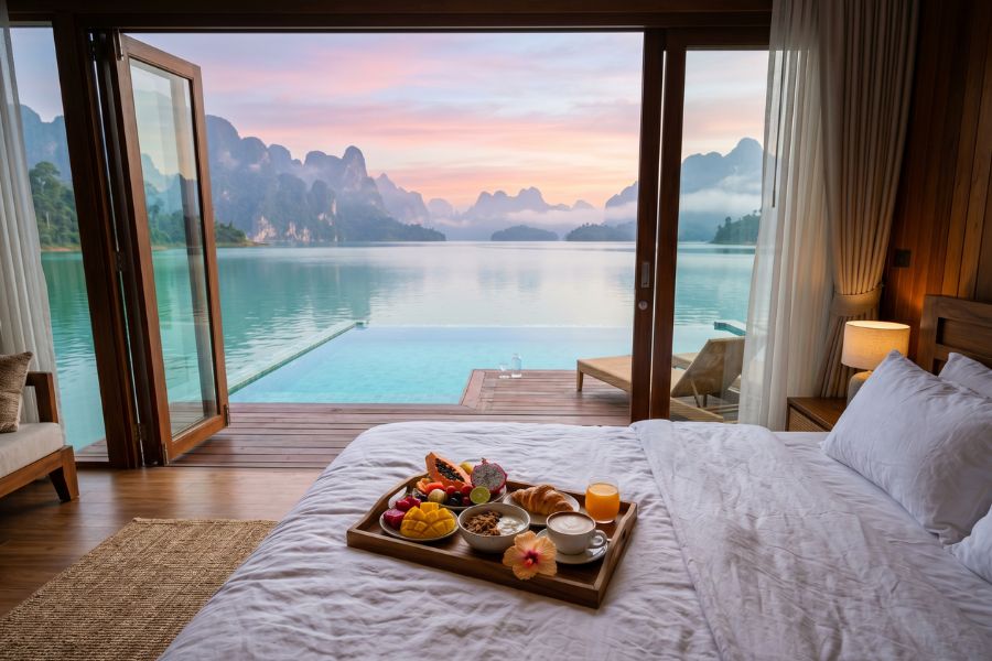 A floating raft house on Cheow Lan Lake, one of the top 15 best tours in Thailand.