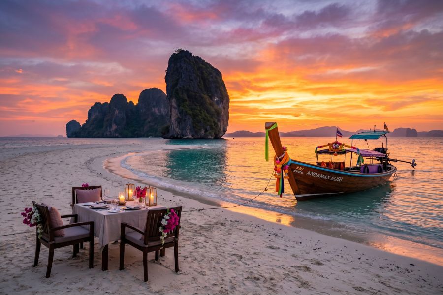 A longtail boat at sunset in Krabi, a romantic top 15 best tours in Thailand entry.