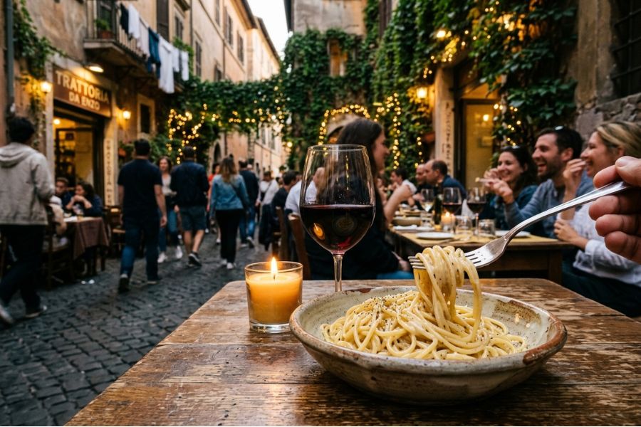 Candid close-up of cacio e pepe and red wine on a rustic table in a lively Trastevere alley at night.