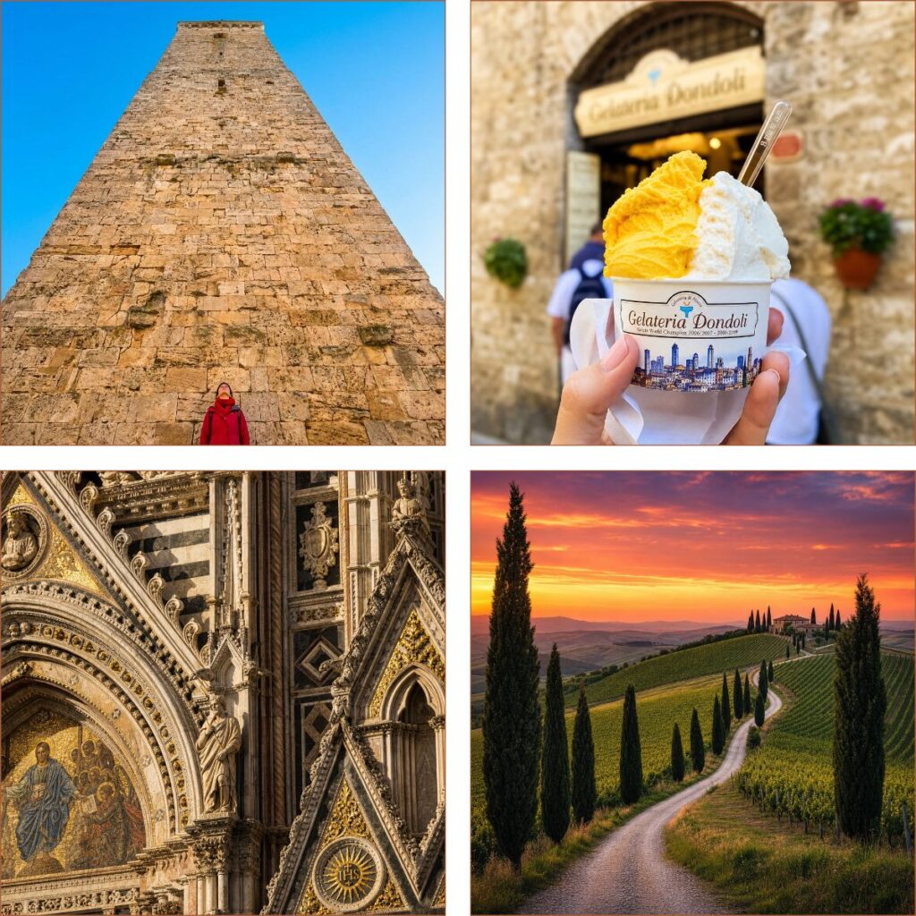 A 4-part photo grid showing medieval towers in San Gimignano, Siena Cathedral facade details, Chianti vineyards, and Pis Gelato.