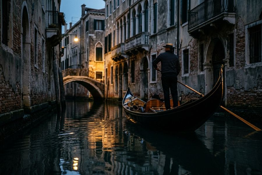 Ethereal, low-light shot of a lone gondolier navigating a narrow, quiet canal in Venice at night with reflections.